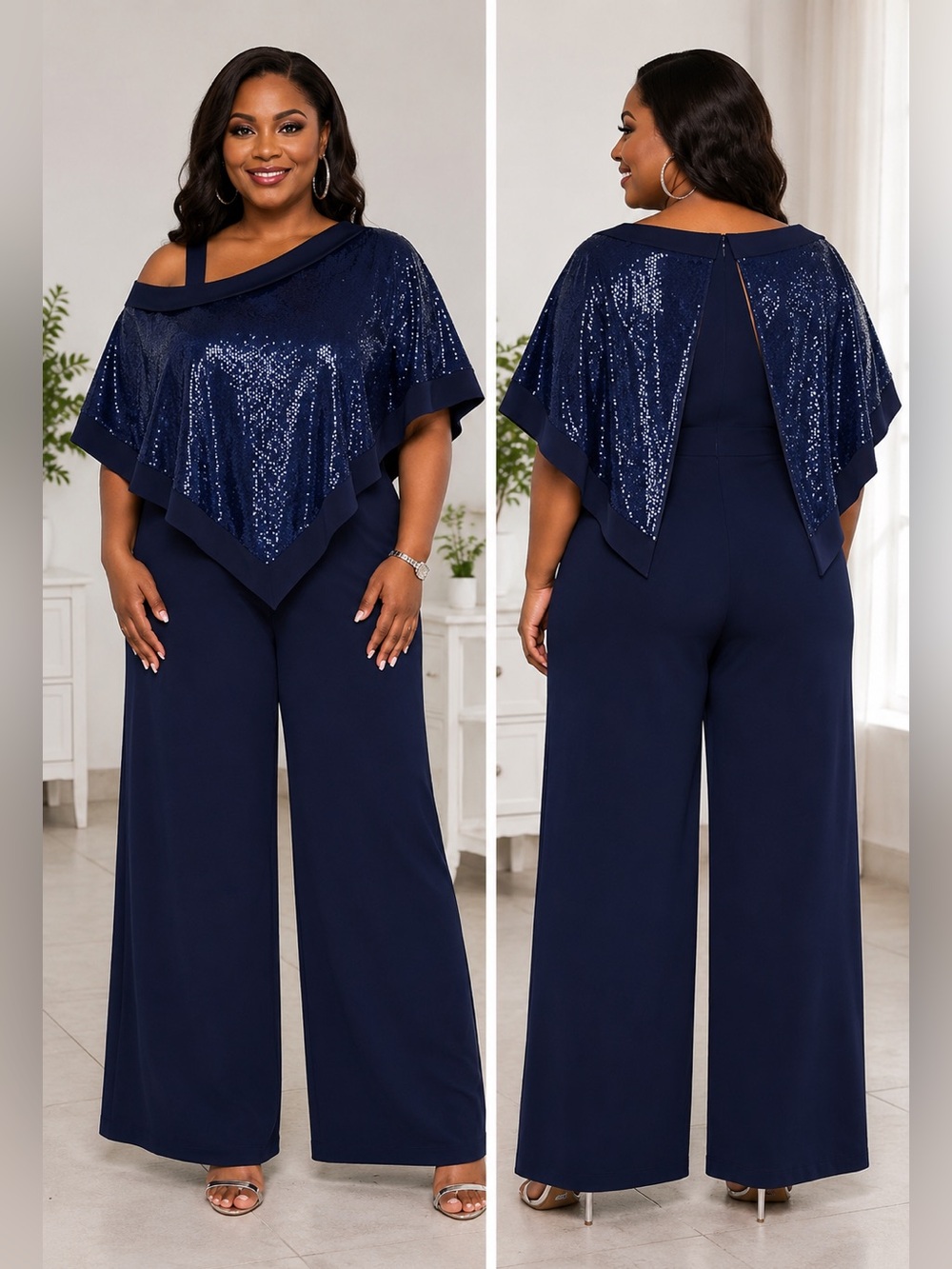 BNWOT Navy Blue Sequin Wide Leg Jumpsuit PlusSize 1XL Elegant Evening Party Wear